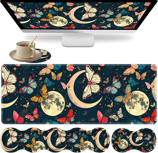 Large XXL Gaming Desk Mat 31.5"x 11.8", Ergonomic Keyboard Wrist Rest & Mouse Pad Wrist Rest + Coaster Set, Non-Slip Base, Memory Foam, Office and Home, Moon Butterfly