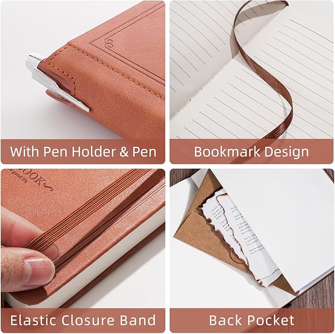 Lined Notebook Journal for Women Men 320 Pages A5 Hardcover Leather with Pen Holder College Ruled Journals for Work Note Taking Travel School Brown