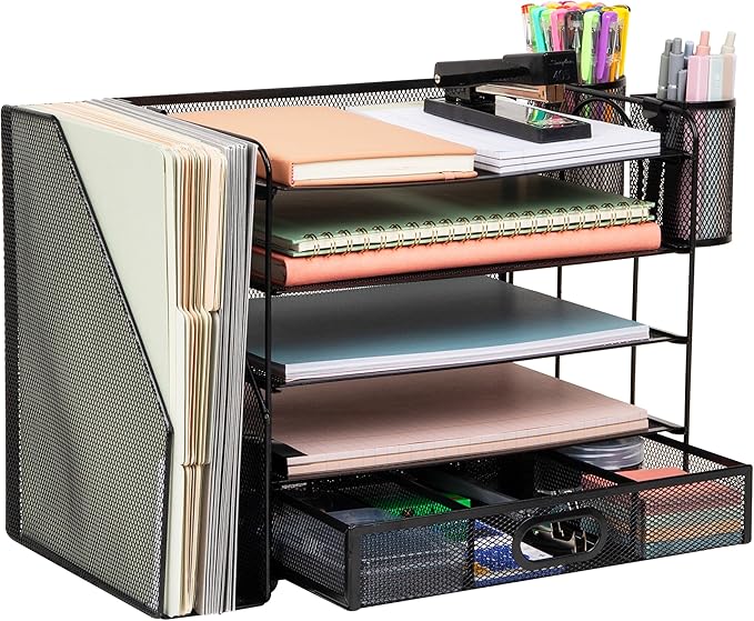 Mind Reader Mesh Desk Organizer, 4 Trays, 1 Drawer, File Holder, 2 Pen Cups, Office Desktop Organizer, Metal Mesh, Black