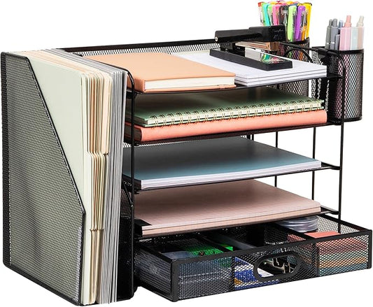 Mind Reader Mesh Desk Organizer, 4 Trays, 1 Drawer, File Holder, 2 Pen Cups, Office Desktop Organizer, Metal Mesh, Black