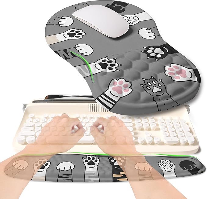 2-in-1 Ergonomic Set, Wave Rise Keyboard Wrist Rest and Massage Bulge Slope Mouse Pad Wrist Support, Cushion Memory Foam Integrated to Relieve Wrist Pain, Cute Cat Paws
