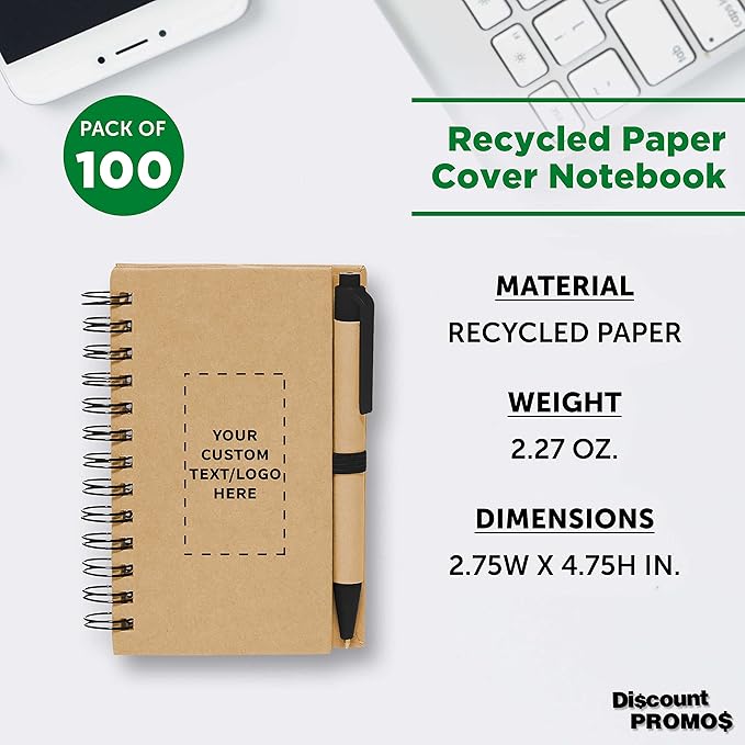 Custom Mini Spiral Notebooks with Black Ink Pens Set of 100, Personalized Bulk Pack - Perfect for School, Office, Business, Home - Black