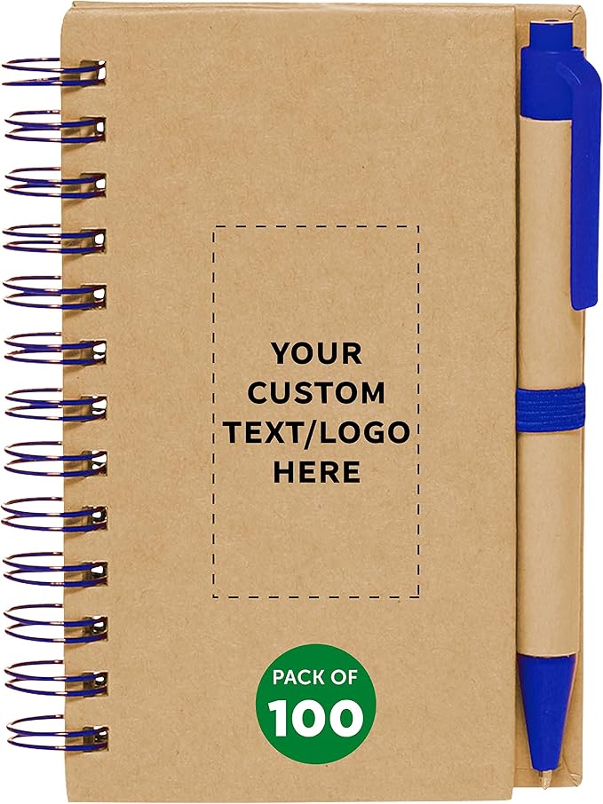 Custom Mini Spiral Notebooks with Black Ink Pens Set of 100, Personalized Bulk Pack - Perfect for School, Office, Business, Home - Blue
