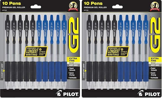 PILOT G2 Pens 0.5 mm - 20 Pack of 5 Blue and 5 Black Pens Ballpoint Extra Fine Point, Refillable & Retractable