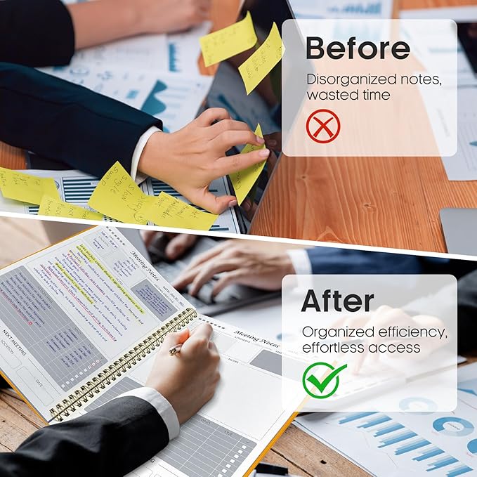 Meeting Notebook for Work Organization - Work Planner Notebook with Action Items, Agenda Planner for Note Taking, 160 Pages (6.9" X 9.9") Project Organizer for Men & Women - Yellow