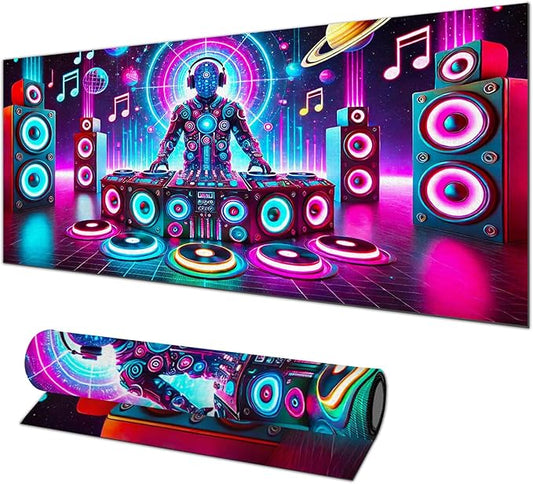 Large Mouse Pad 31.5 x 11.8 Inch Neon DJ Music Desk Mat Extended Keyboard Mousepad Non Slip Waterproof Gaming Desk Pad Futuristic Party Design for Home Office