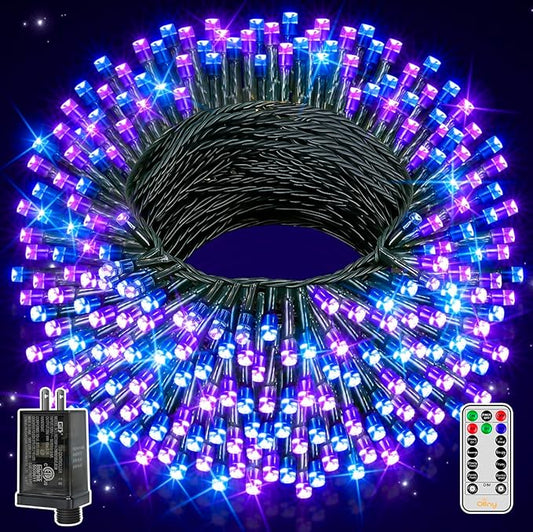 Ollny Halloween Lights 400LED 132FT, Remote Plug-in Blue & Purple Christmas Tree Lights with Timer and 8 Modes, Waterproof Outdoor/Indoor Decorations