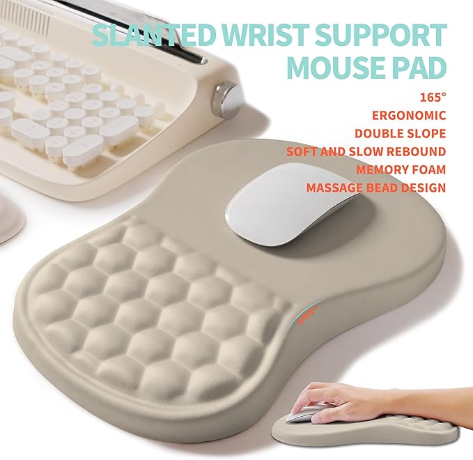 2-in-1 Ergonomic Set, Wave Rise Keyboard Wrist Rest and Massage Bulge Slope Mouse Pad Wrist Support, Cushion Memory Foam Integrated to Relieve Wrist Pain, Apricot