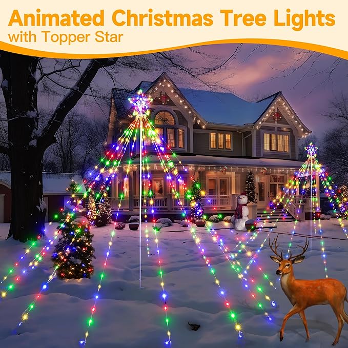 Ollny Christmas Lights Tree 340LED with Topper Star, IP67 Waterproof Remote Control Waterfall Lights with Pole, 16 Modes 3 Timers Dimmable Christmas Decorations Outdoor Yard Garden Lawn Multicolored