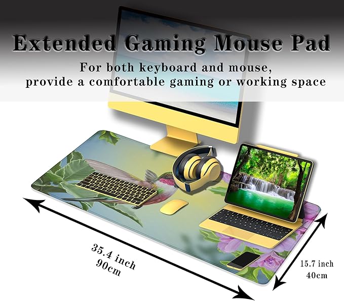Large Gaming Mouse Pads Hummingbird Desk Mats, Mouse?Mat XXL Desktop Mat, Desktop Mouse Pad Non-Slip Rubber Base Waterproof with Stitched Edges, 35.4 X 15.7 inch for Work/Game/Office/Home