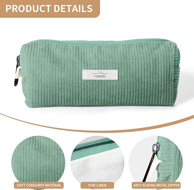 Pencil Bag Pen Case, Soft Corduroy Small Pencil Pouch Organizer with Zipper, Cute Pencil Case Pouch Stationery for Girls and Boys – Green