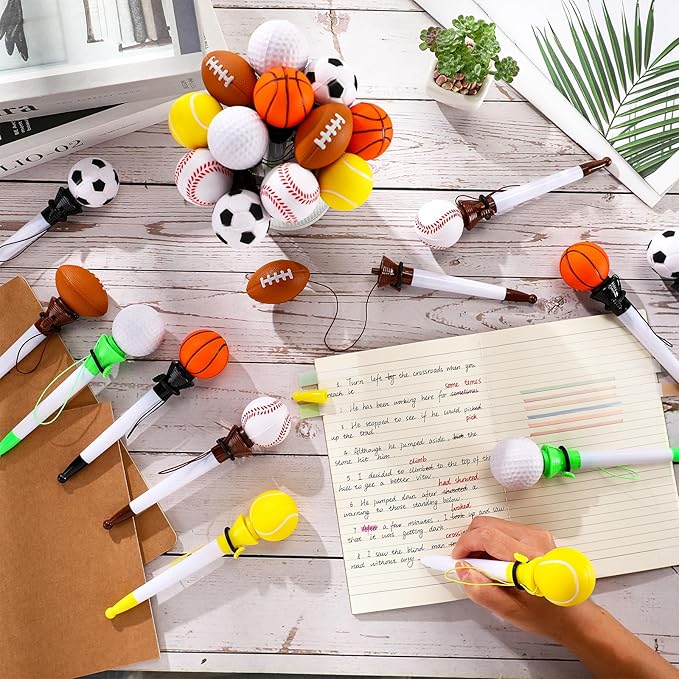 Lincia 24 Pcs Sport Funny Pen Hoop Ballpoint Novelty Bulk Plastic Sports Soccer Basketball Baseball Football Tennis Golf Themed Pen for Birthday Party School Award Party Favor Supplies(Assorted)