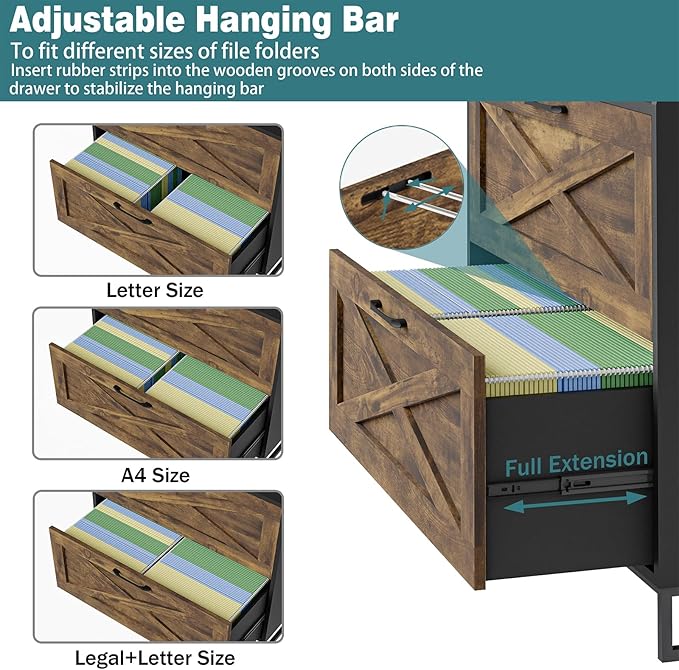 Lateral File Cabinet 2 Drawers File Cabinet with Charging Station, Modern Farmhouse Large Wood Home Office Furniture, Rustic Brown and Black