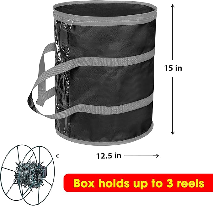 ProPik Christmas Light storage Bag | Holiday Light Storage Organizer with 3 Metal Reels for Tree Lights & Extension Cords Constructed of Durable 600D Oxford Material with Clear PVC Window (Black)