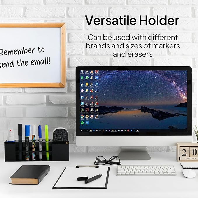 Slim Magnetic Dry Erase Marker Holder for Whiteboard, Space Saving Pen Organizer with Glass and Wall Mount Accessories for Fridge, Office, and School. Markers, Eraser, Cleaner Not Included (Black)