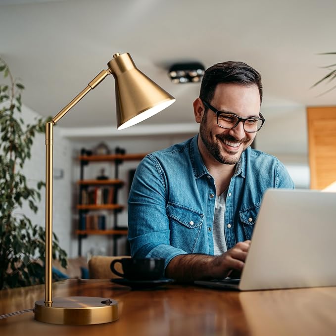 O'Bright Astrum - LED Desk Lamp with Dual USB Charging Ports, 100% Metal, 270 Degree Swivel Arms, Soft White Light (3000K), Bedside & Home Office Table Lamp, ETL Listed, Antique Brass Finish