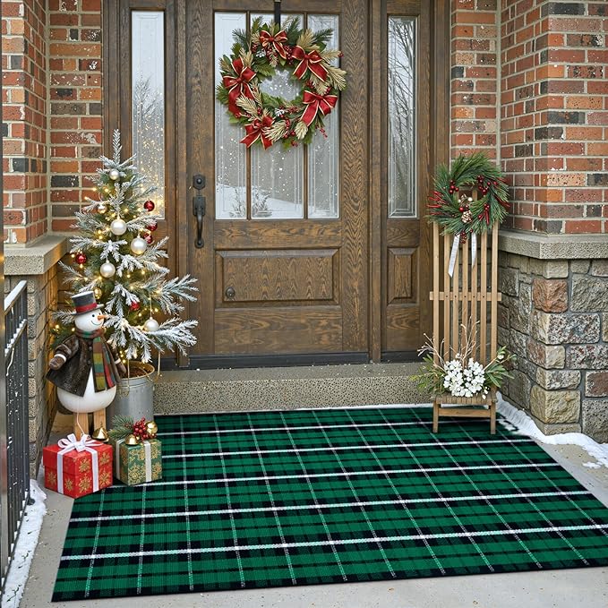 OJIA Washable Outdoor Rug 3'x5', Christmas Door Mats Outdoor Area Rug Green Plaid Rug Entryway Rugs Indoor Door Mat Front Porch Rug Cotton Floor Carpet for Entry/Patio/Bedroom/Living Room/Home Decor
