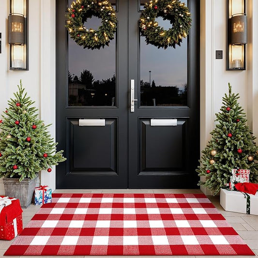 Outdoor Christmas Mats for Front Door, Cotton Washable Buffalo Plaid Rug Reversible Layered Door Mat,Farmhouse Checkered Outside Rugs for Porch Home Decor(Red & White)