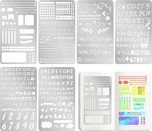 Lewtemi 6 Pcs Journal Metal Stencil Stainless Steel Stencil for Bullet Journaling Planner Stencils Wood Burning Templates for Carving Engraving Diary Draw Journals Scrapbook (Journal Style)