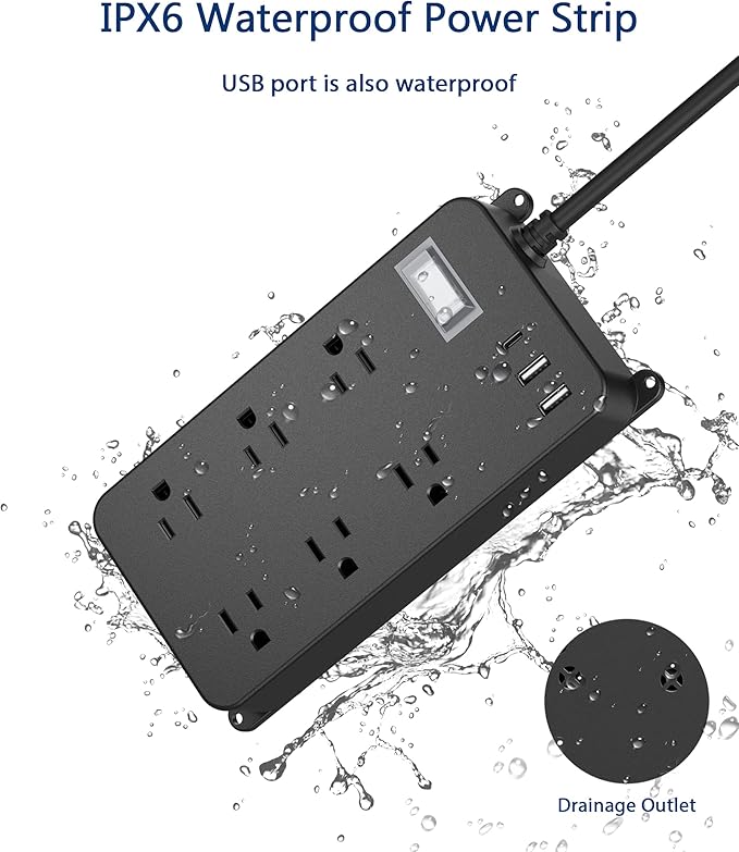 Outdoor Power Strip Weatherproof,20W USB C Port,Waterproof Extension Cord Multiple Outlet Surge Protector,6 Outlets,3 USB Ports,6ft Cord