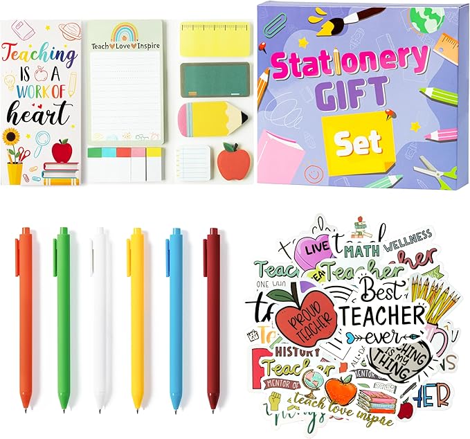 Xqumoi 3 Pack Teacher Sticky Notes with Pen Stickers Stationery Set Black Gel Ballpoint Pens Teacher Self-Stick Notes Pads Rainbow Apple Vinyl Stickers Back to School Office Supplies Gift with Box