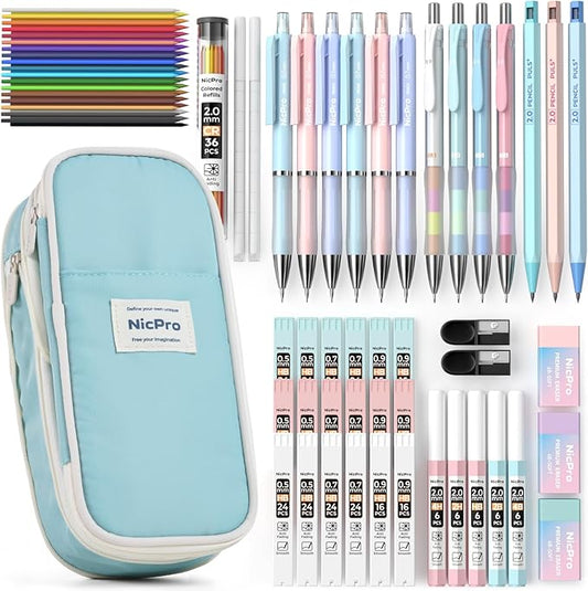 Nicpro 45PCS Aesthetic School Supplies with Pencil Case, Pastel Mechanical Pencils 0.5mm, 0.7mm, 0.9mm & 2.0mm with 498 PCS Refills, Cute Mechanical Pencil Set for Writing, Drawing & Drafting