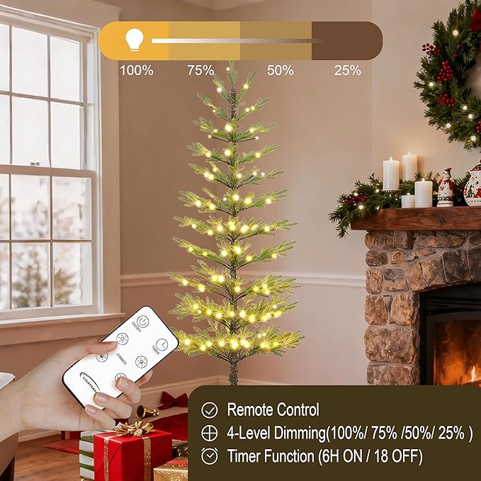 Lightshare 6FT 132L Warm White Pine Needle Christmas Tree with Ornaments, Remote & Dimmable Transformer