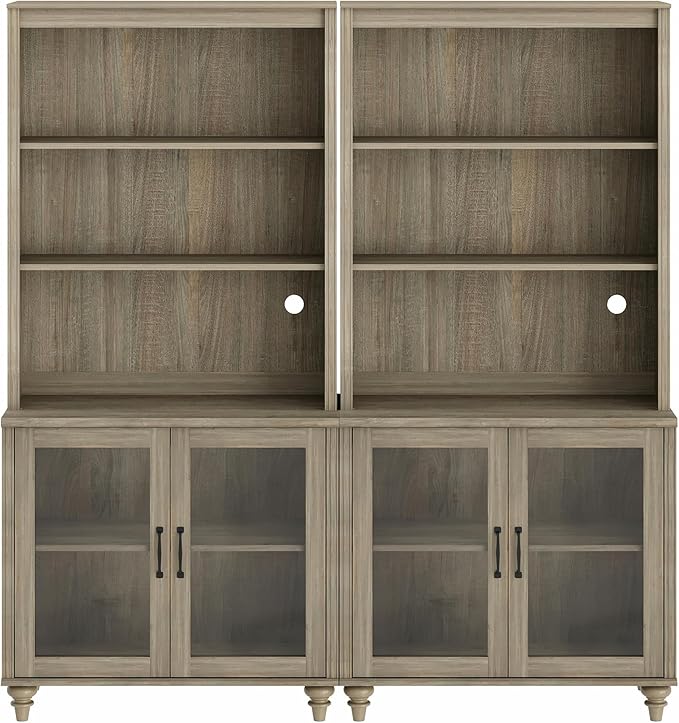 WAMPAT 5 Tier Wooden Bookcase 72" Tall Bookshelf with Glass Doors,Large Farmhouse Display Book Shelf with Adjustable Shelves and Storage Cabinet for Living Room, Study Room, Bedroom, Wash Grey