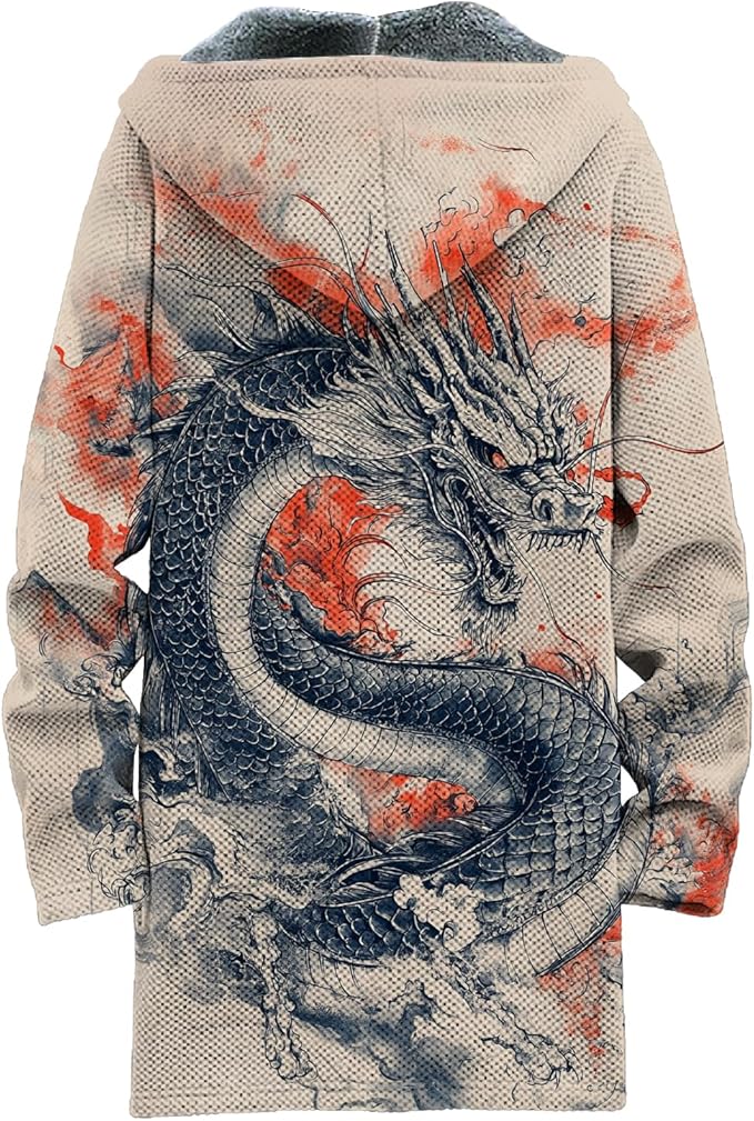 MARSVOVO Mens Cardigan Sweater Cool Graphic Lined Fleece Long Coat Zip With Pockets Fashion Coat Warm Fitted Jacket