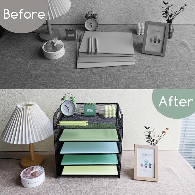 Paper Letter Tray with Handle, 5 Tier Metal Mesh Desk File Organizer, A4 Paper Desktop Filing Trays, Desk Tidy Magazine Document Holder for Home Office, Black