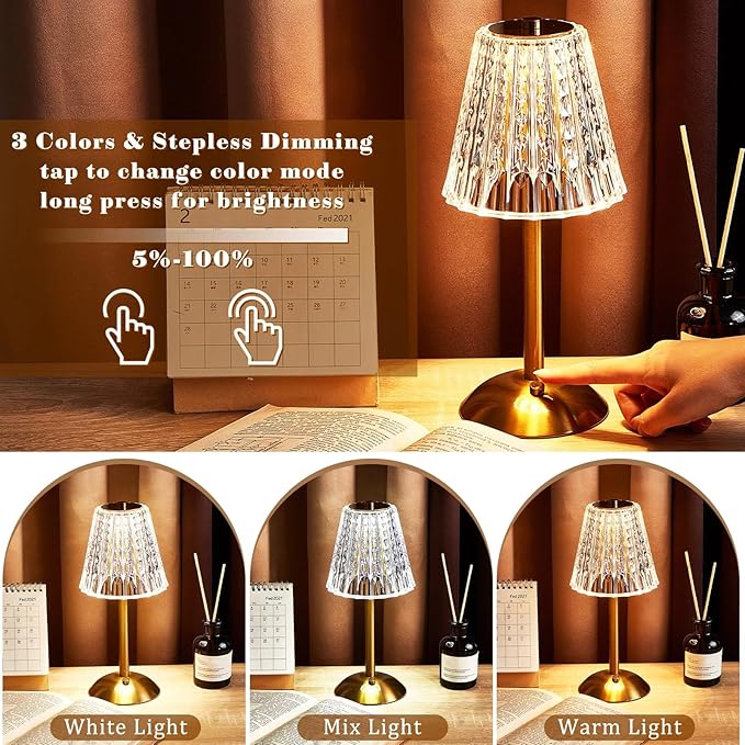 Liliful 1 Pcs LED Portable Cordless Table Lamp Touch Battery Operated Rechargeable Gold Desk Lamp 3 Color Dimmable for Bedroom Living Room Dining (Gold,Classic Style)