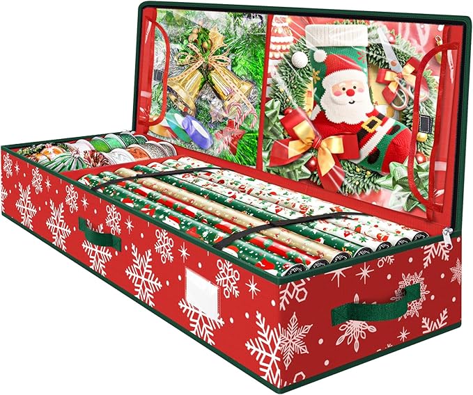 Wrapping Paper Organizer Storage, Christmas Wrapping Paper Storage with Flexible Partition & Pockets for Christmas Decorations, Ribbon, Underbed Gift Wrap Organizer for Holiday(Snowflake/Red)