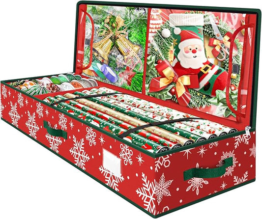 Wrapping Paper Organizer Storage, Christmas Wrapping Paper Storage with Flexible Partition & Pockets for Christmas Decorations, Ribbon, Underbed Gift Wrap Organizer for Holiday(Snowflake/Red)