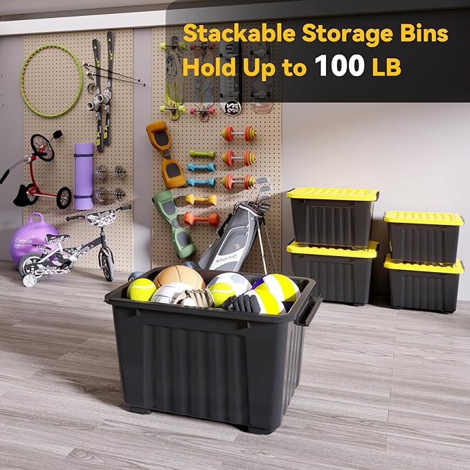 Nazhura 72 Quart Plastic Storage Bin, Stackable and Nestable Storage Boxes with Yellow Lids and Secure Latching Buckles, Large Storage Container (Black/Yellow, 72Quart-4Pack)