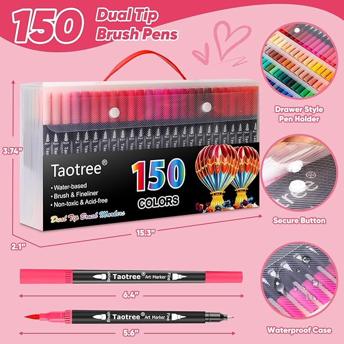 Taotree 150 Colors Dual Tip Art Markers Pens for Adult Coloring Book, Artist Fine & Brush Tip Coloring Markers Drawing Pen for Journaling Note Taking Lettering Calligraphy Craft Art Supplies Set