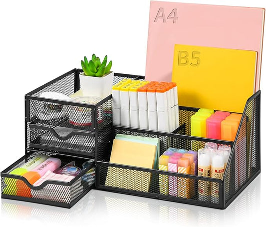 Lavatino Larger Mesh Desk Organizer with Drawers, Multifunctional Desk Organizers and Accessories with 6 compartments + 2 Drawer, Office Desktop Organization for supplies (Black)