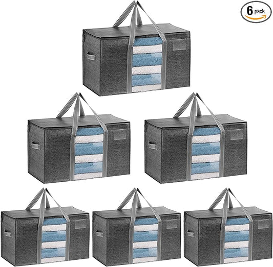 VENO 6 Pack Moving Bags, Moving Supplies, Moving Boxes, College Packing Storage Boxes with Lids Alternative, Heavy Duty Totes, Extra Large, Sturdy Handles, Zipper (Dark Gray with Window, 6 Pack)