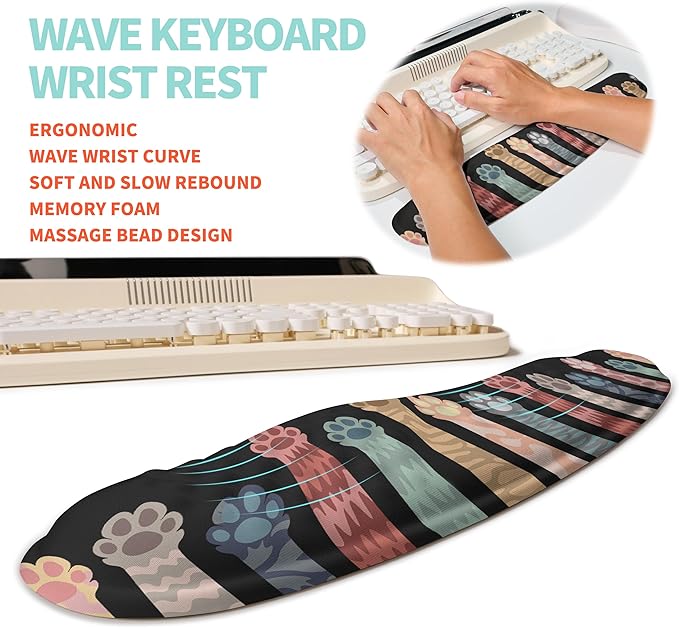 2-in-1 Ergonomic Set, Wave Rise Keyboard Wrist Rest and Massage Bulge Slope Mouse Pad Wrist Support, Cushion Memory Foam Integrated to Relieve Wrist Pain, Multicolour Cat Claws