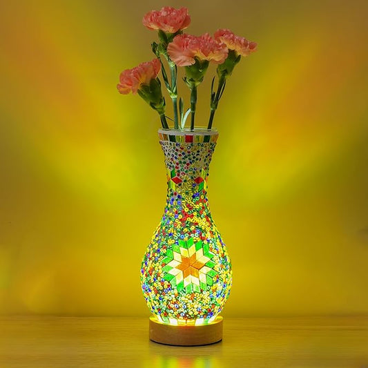Unique Turkish Moroccan Style Mosaic Table Lamp, Colorful Glass Table Light with Wood Base, USB Powered for Bedroom, Living Room