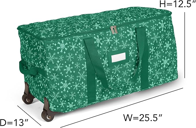 Covermates Keepsakes Rolling Christmas Light Storage Bag - Carrying Handles, ID Window, Dual Wheels - Holiday Storage, Green Snowflake