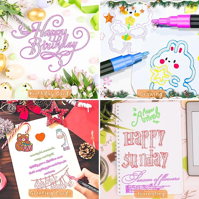 Caliart 24 Colors Outline Shimmer Markers, Glitter Metallic Marker Pens, Stocking Stuffers for Teen Girls Boys Adults Christmas Gifts Trendy Stuff, Cool Fun Craft Drawing Art Supplies Set