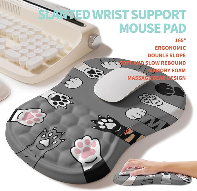 2-in-1 Ergonomic Set, Wave Rise Keyboard Wrist Rest and Massage Bulge Slope Mouse Pad Wrist Support, Cushion Memory Foam Integrated to Relieve Wrist Pain, Cute Cat Paws