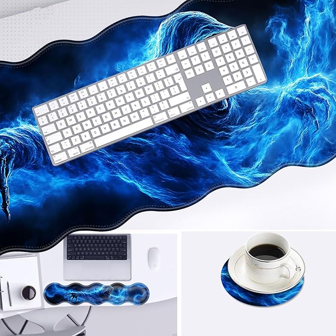 Large Mouse Pad and Keyboard Wrist Rest, Desk Pad for Keyboard and Mouse, 4-in-1 Large Gaming Mouse Pad with Wrist Support, Desk Mat for Home Office Study Game-Smoke Skull