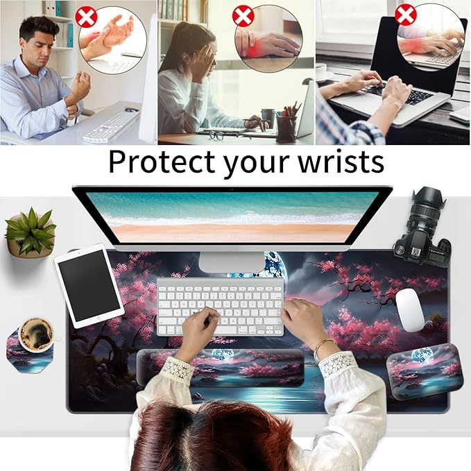 Large Gaming Mouse Pad+Memory Foam Ergonomic Keyboard Wrist Rest Support+Wrist Rest+Coaster, Extended Desk Pad Set, Stitched Edge Non Slip Desk Mat 4PC for Office & Home, Moon Cherry Blossom