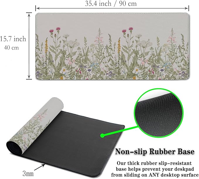 Large Mouse Pad Wildflower Desk Mats Office Mouse Pads Keyboard Mousepads Oversized Mouse Pad Non-Slip Rubber Base Waterproof with Stitched Edges 35.4 X 15.7 for Game Office,
