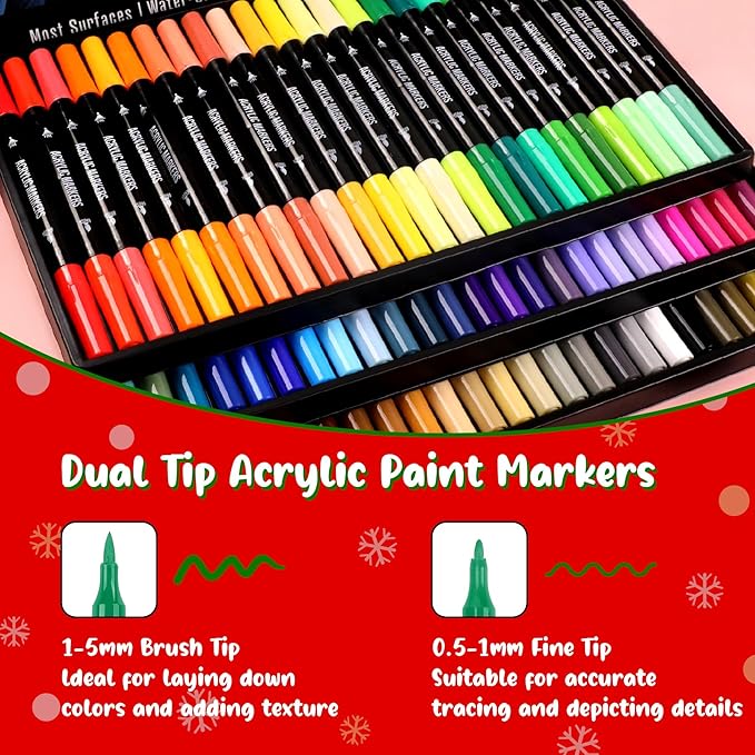 72 Colors Acrylic Paint Markers, Dual Tip with Fine Tip and Brush Tip Pens for Stone, Wood, Calligraphy, Canvas, Ceramic, Metal, Glass, Rock Painting, DIY Crafts