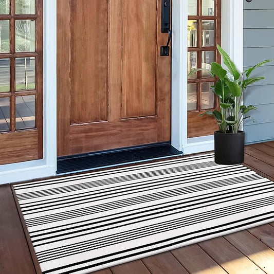 OJIA Black and White Outdoor Rug 2'x4.3', Christmas Door Mats Outdoor Cotton Woven Holiday Doormat Front Porch Rug Machine Washable Indoor Door Mat Entryway Striped Rugs for Farmhouse/Kitchen