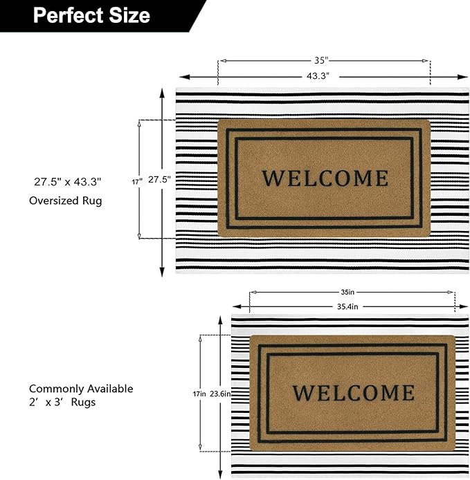 OJIA Front Door Rugs Indoor 27.5x43 Inches, Black and White Striped Outdoor Rugs Porch Rug Cotton Woven Entryway Rug Machine Washable Door Mats for Porch/Farmhouse/Kitchen