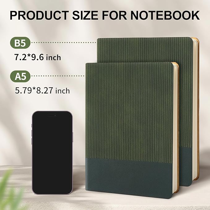 Lined Journal Notebook for Work College Ruled Note Book 7.2"x9.6" B5 PU Leather Daily Journaling 160 Pages for Women Men Writing Home School Supplies Business (Khaki/Green)