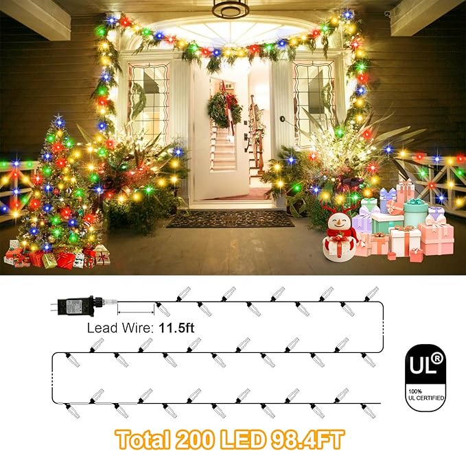 Outdoor Fairy Lights Waterproof, Plug in String Lights F8 Upgraded with 8 Modes Timer, 98Ft 200 Twinkle LED Outdoor & Indoor Decor for Garden/Patio/Yard/Wedding/Holiday Party